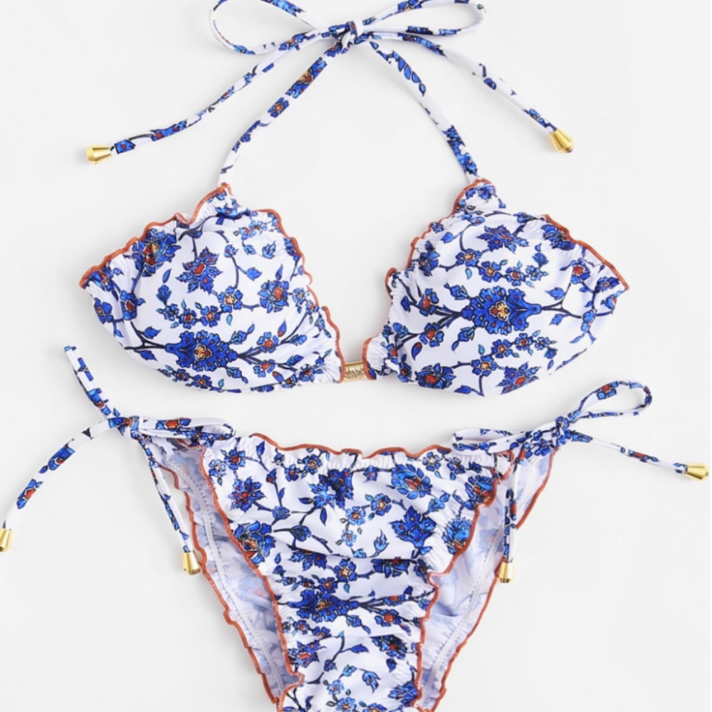 Blue and white print bikini